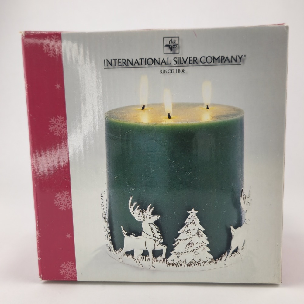 International Silver Co Christmas Reindeer Tree Silverplate Pillar Candle Holder
